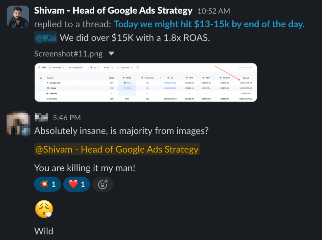 Revenue and ROAS screenshot used as commercial evidence.